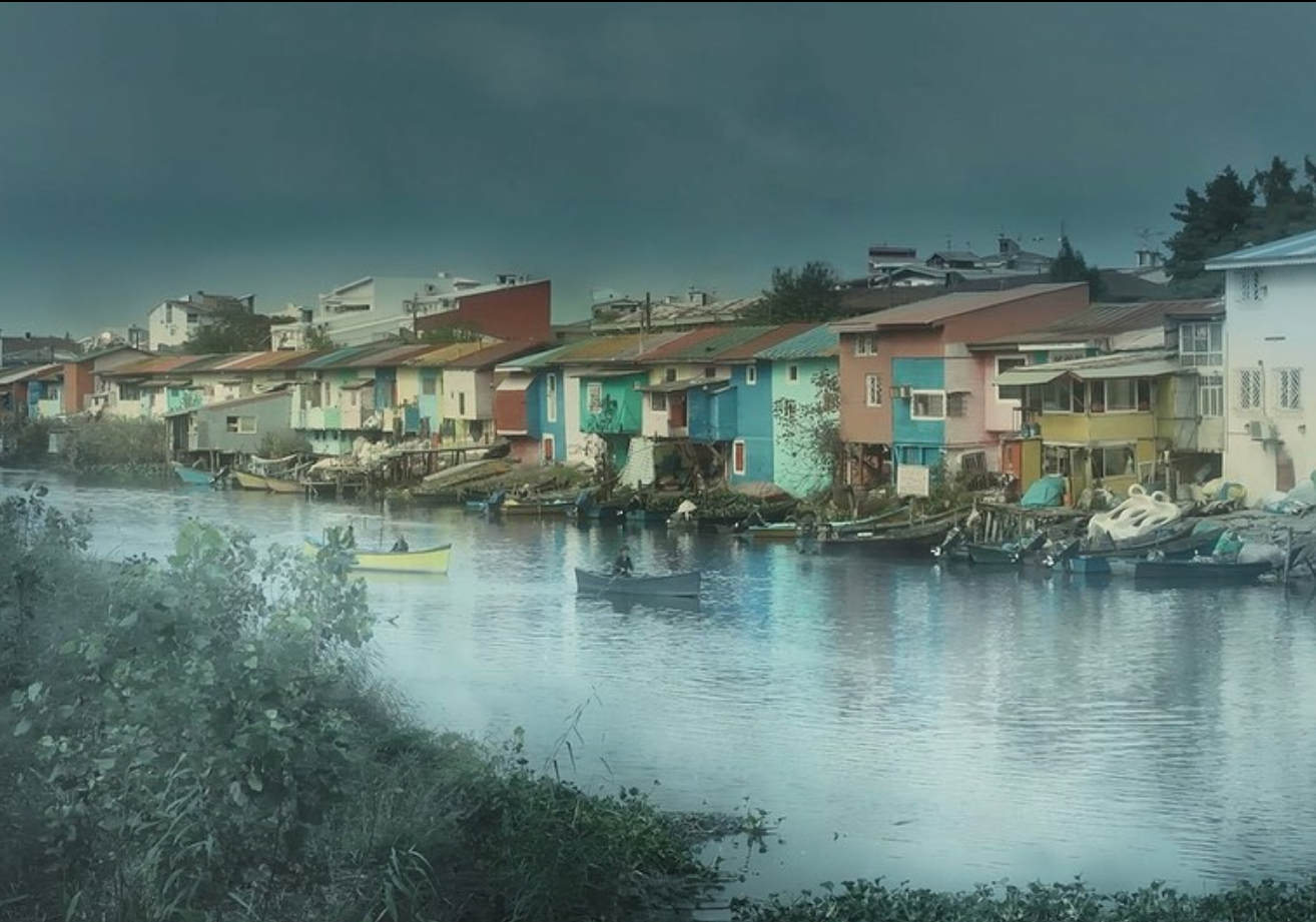 Greyish-Blue waterfront scene